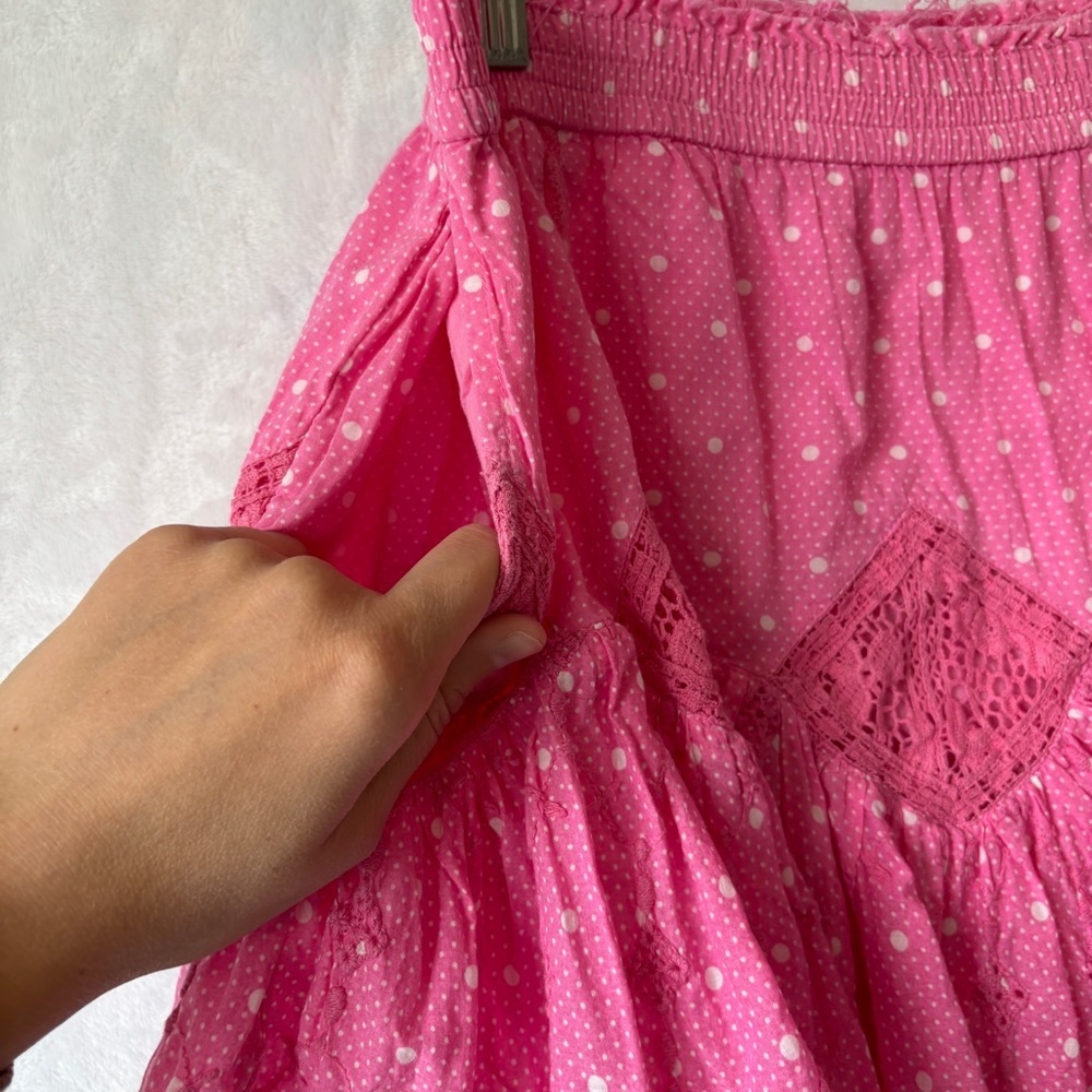 LoveShackFancy womens Pink polka dot lace fray designer Adia Mini‎ Skirt size P - Picture 3 of 9